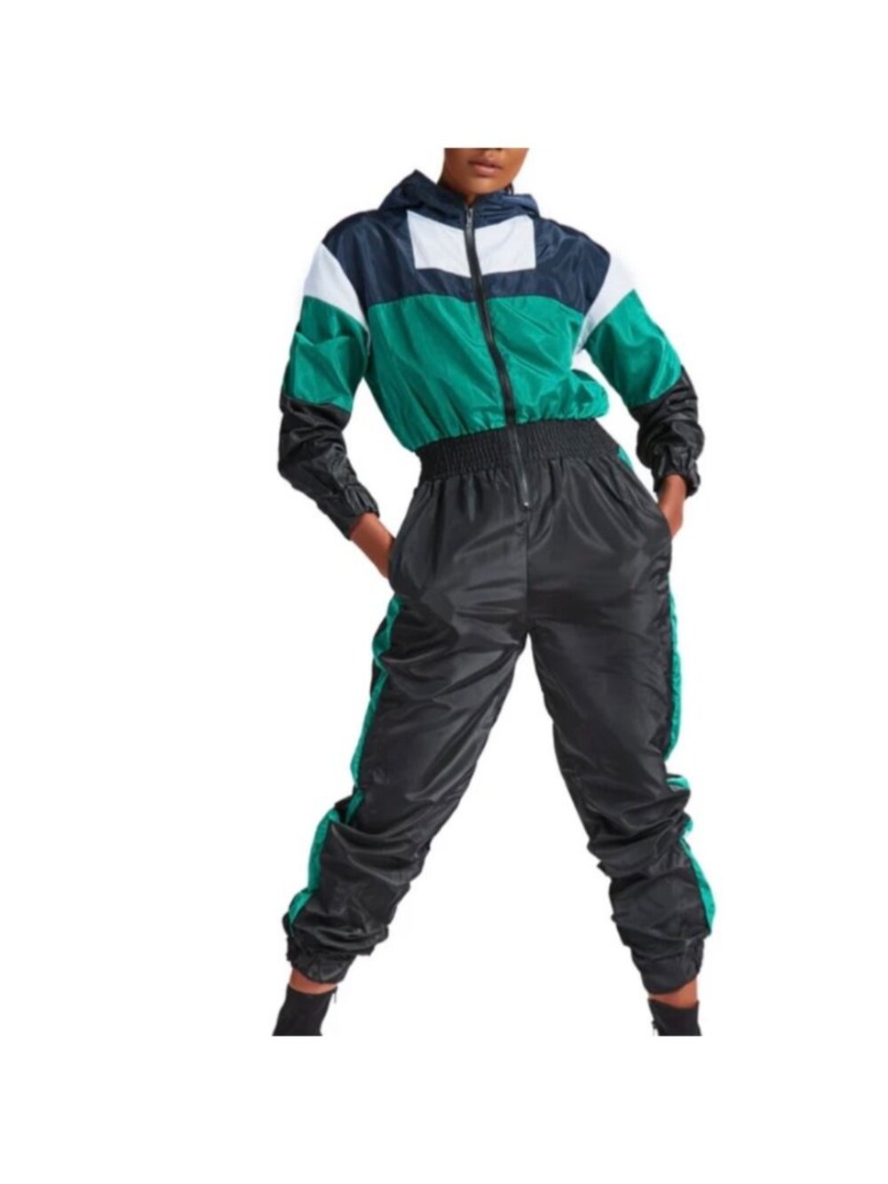 Vintage Style 1980s Jumpsuit Green Black Color Block Hooded windbreaker Size M
